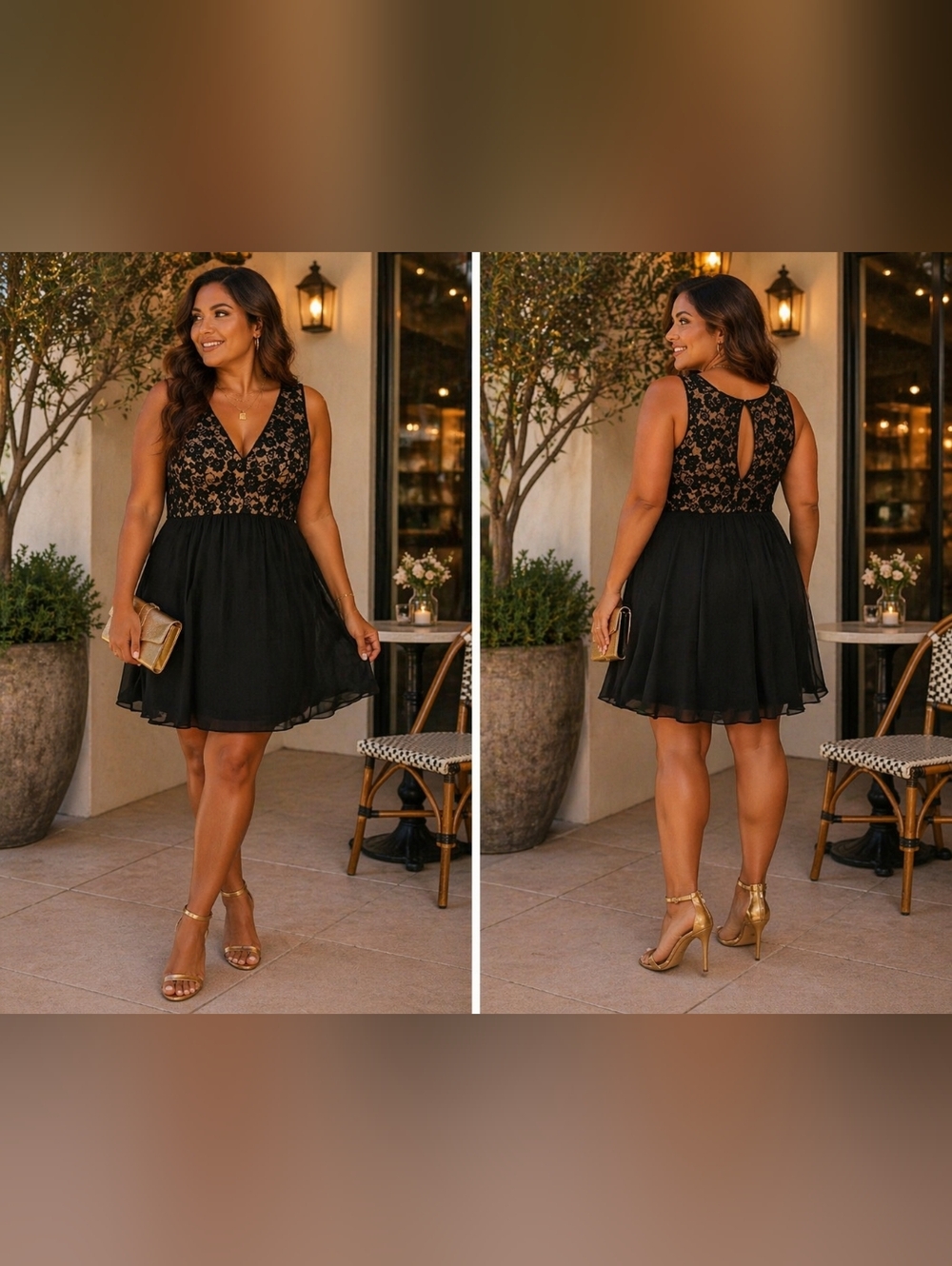 Lilian Black Lace Fit & Flare Dress – Nude Lining V-Neck Feminine Size 2x